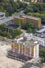 Aerial view, town hall and town hall square as well as construction site with demolition of the
