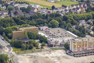 Aerial view, town hall and town hall square as well as construction site with demolition of the
