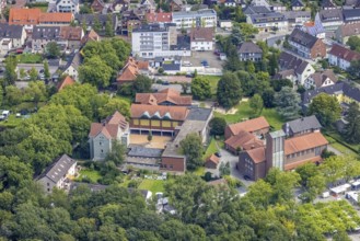 Aerial view, St. Elisabeth Catholic Church and Pestalozzi School and Catholic Kindergarten in