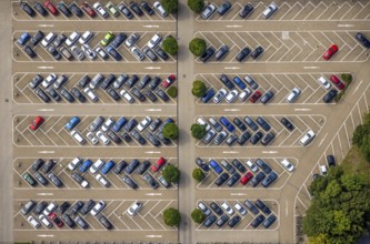 Aerial view, shapes and colours on the car park of Bayer AG in Weddinghofen, Bergkamen, Ruhr area,