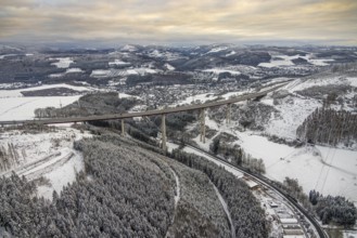 Aerial view of the highest viaduct in North Rhine-Westphalia in Nuttlar in Bestwig in Sauerland in