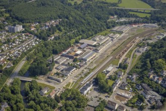 Aerial view, Arnsberg railway station, industrial area Zu den Werkstätten, Arnsberg, Sauerland,