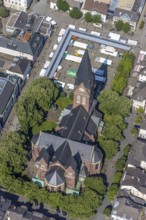 Aerial view, Cathedral of Neheim St. Johannes-Baptist, weekly market market at the Neheim market,
