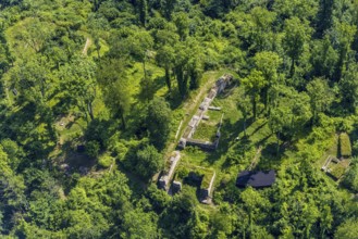 Aerial view, Rüdenburg castle ruins in the forest area, Arnsberg, Sauerland, North