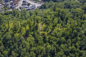 Aerial view, Rüdenburg castle ruins in the forest area, Arnsberg, Sauerland, North