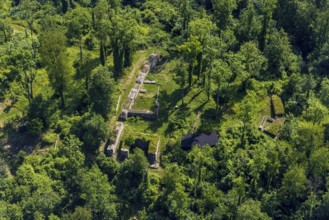 Aerial view, Rüdenburg castle ruins in the forest area, Arnsberg, Sauerland, North