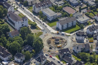 Aerial view, construction site and redesign of roundabout Pfarrer-Leo-Reiners-Platz, formerly