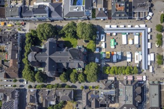 Aerial view, Cathedral of Neheim St. Johannes-Baptist, weekly market market at the Neheim market,
