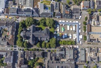 Aerial view, Cathedral of Neheim St. Johannes-Baptist, weekly market market at the Neheim market,