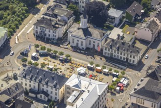 Aerial view, Gastronomy at Neumarkt with beer tables and beer cart, Church of the Resurrection,