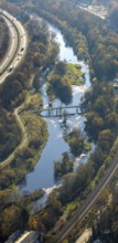 Aerial view, renaturation of the Ruhr at the Schützenbrücke in the district Neheim in Arnsberg,