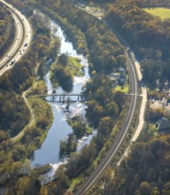 Aerial view, renaturation of the Ruhr at the Schützenbrücke in the district Neheim in Arnsberg,