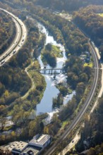 Aerial view, renaturation of the Ruhr at the Schützenbrücke in the district Neheim in Arnsberg,