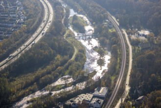 Aerial view, renaturation of the Ruhr at the Schützenbrücke in the district Neheim in Arnsberg,