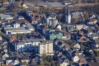 Aerial view, construction site at Heinrich-Lübke-Straße and St.Petri-Kirche in the district Hüsten
