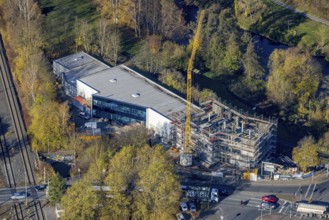 Aerial view, construction site with extension Eglo Leuchten Handels GmbH in the district Neheim in