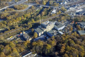 Aerial view, construction site and new building at the Berufskolleg Berliner Platz in the district