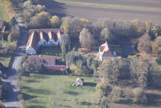 Aerial view, moated castle Haus Echthausen at the city limits of Arnsberg in the district