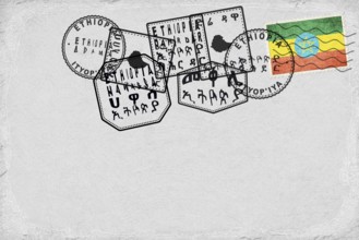 Ethiopia Dire Vintage Postcard with Flag Stamp and City Postmarks