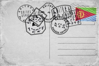 Eritrea Vintage Postcard with Flag Stamp and City Postmarks