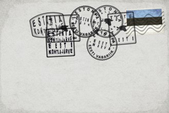 Estonia Vintage Postcard with Flag Stamp and City Postmarks