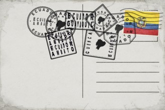 Ecuador Vintage Postcard with Flag Stamp and City Postmarks