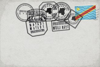 Democratic Republic of Congo Vintage Postcard with Flag Stamp and City Postmarks