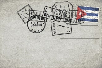 Cuba Vintage Postcard with Flag Stamp and City Postmarks