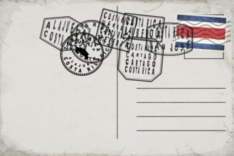 Costa Rica Vintage Postcard with Flag Stamp and City Postmarks