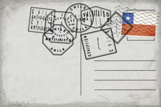 Chile Vintage Postcard with Flag Stamp and City Postmarks