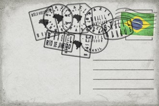 Brazil Vintage Postcard with Flag Stamp and City Postmarks