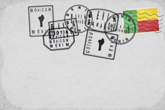 Benin Vintage Postcard with Flag Stamp and City Postmarks