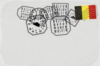 Belgium Vintage Postcard with Flag Stamp and City Postmarks