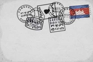 Cambodia Vintage Postcard with Flag Stamp and City Postmarks