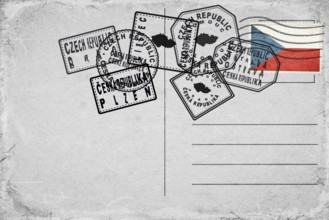 Czech Republic Vintage Postcard with Flag Stamp and City Postmarks
