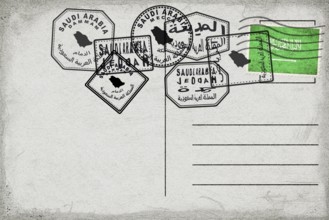 Saudi Arabia Vintage Postcard with Flag Stamp and City Postmarks