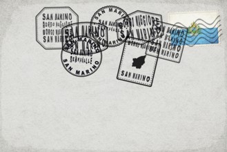 San Marino Vintage Postcard with Flag Stamp and City Postmarks