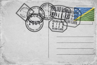 Solomon Islands Vintage Postcard with Flag Stamp and City Postmarks