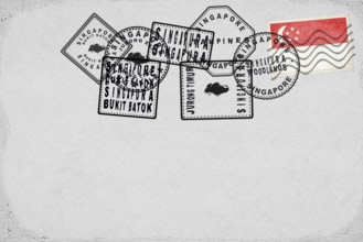 Singapore Vintage Postcard with Flag Stamp and City Postmarks