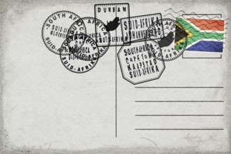 South Africa Vintage Postcard with Flag Stamp and City Postmarks
