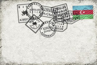 Azerbaijan Vintage Postcard with Flag Stamp and City Postmarks
