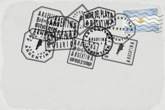 Argentina Vintage Postcard with Flag Stamp and City Postmarks