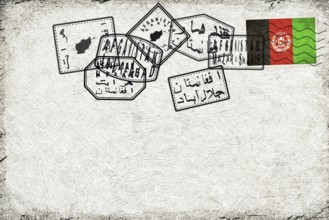 Afghanistan Vintage Postcard with Flag Stamp and City Postmarks