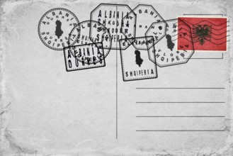 Albania Vintage Postcard with Flag Stamp and City Postmarks