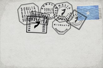 Somalia Vintage Postcard with Flag Stamp and City Postmarks