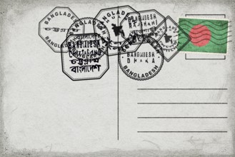 Bangladesh Vintage Postcard with Flag Stamp and City Postmarks