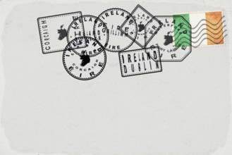 Ireland Vintage Postcard with Flag Stamp and City Postmarks