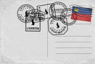 Liechtenstein Vintage Postcard with Flag Stamp and City Postmarks