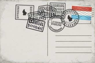 Luxembourg Vintage Postcard with Flag Stamp and City Postmarks