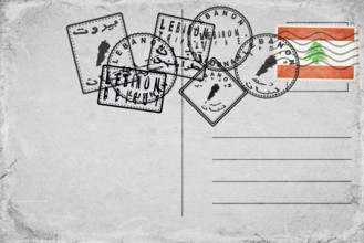 Lebanon Vintage Postcard with Flag Stamp and City Postmarks